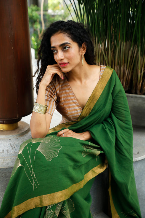 Handwoven Handprinted  Green Bengal Cotton Saree